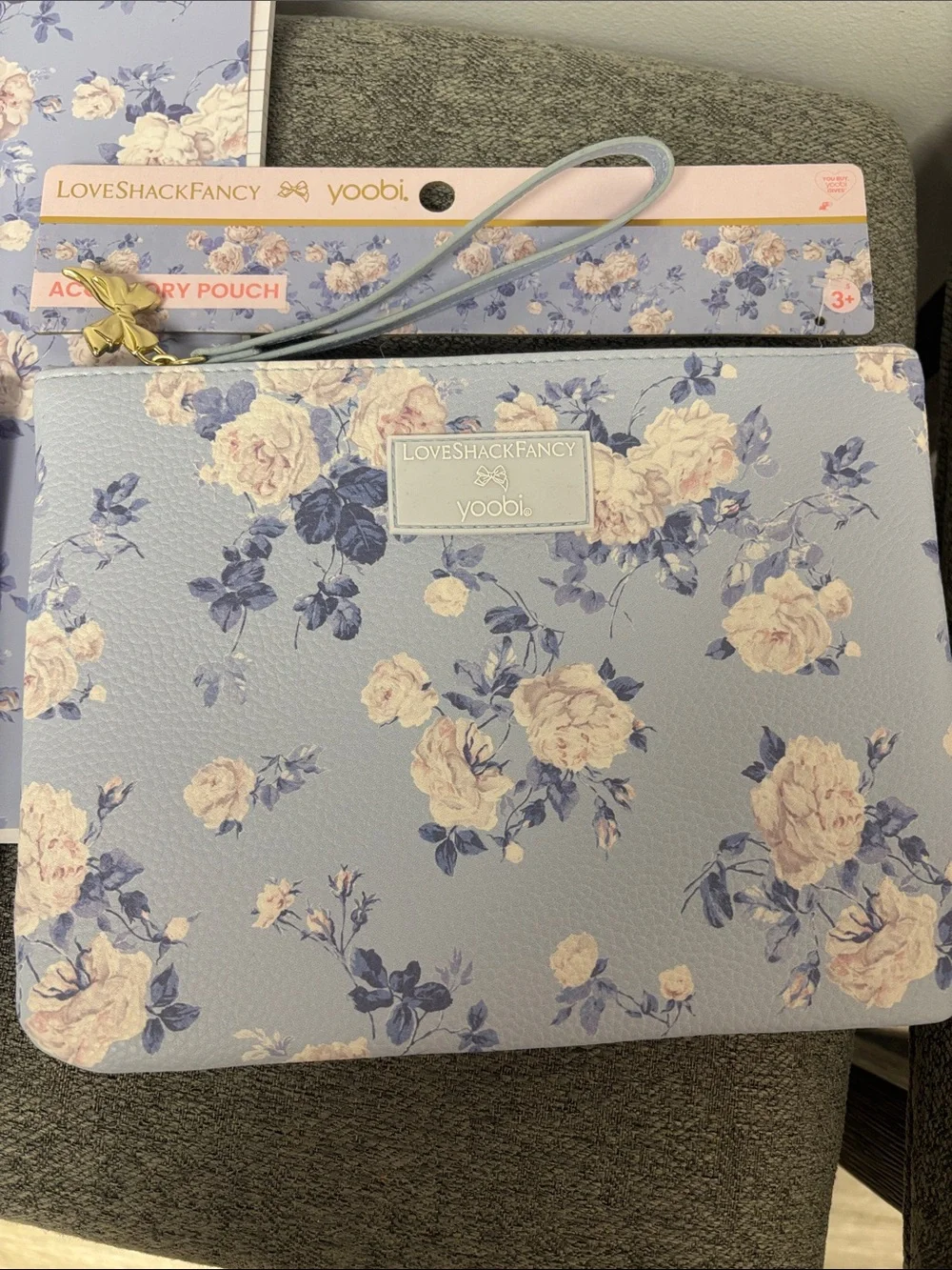 LoveShackFancy 3pc Blue Floral Accessory Pouch Set with Notebook & Bow Pen